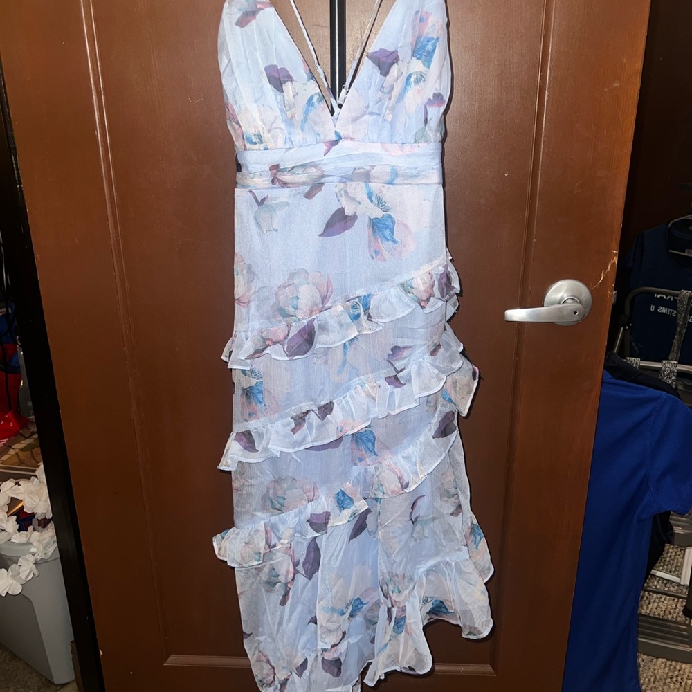 Lulu's Floral Ruffle Midi Dress - Blue and Purple